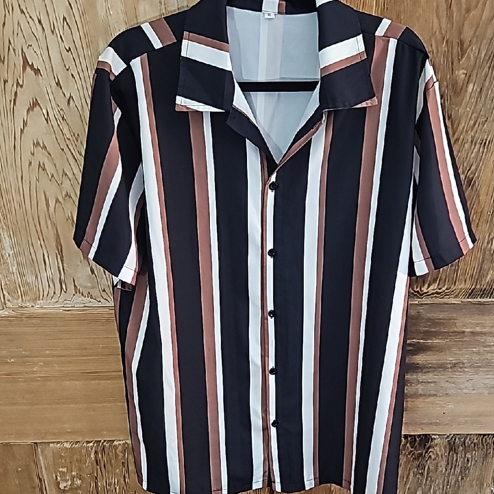 Women's Striped Short Sleeve Shirt - Black and Brown
